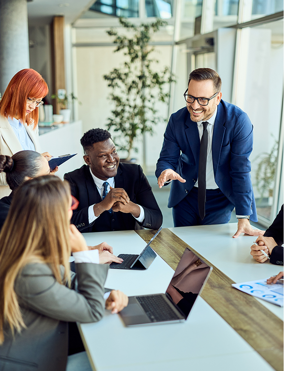 Professional team brainstorming around a table
